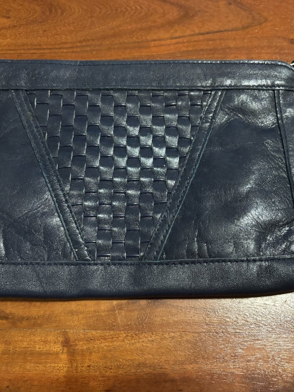 Vintage Navy Blue Leather Clutch with Wrist Strap Purse